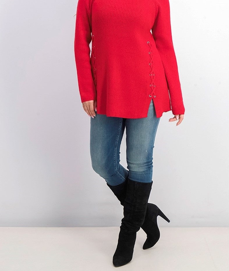 Suéter de malha canelada com cadarço e gola falsa feminino Style &amp; Co, vermelho, tamanho pequeno