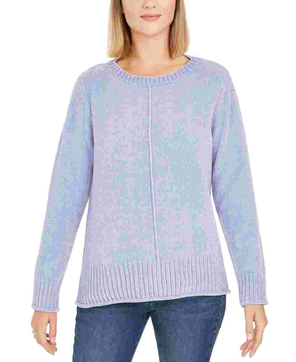 Blusa feminina mesclada de manga comprida e gola redonda, azul, tamanho pequeno grande