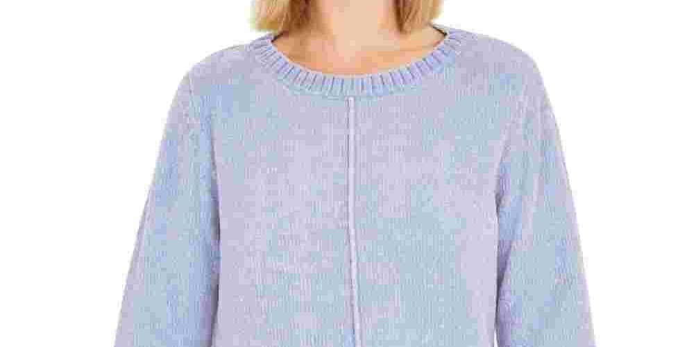 Blusa feminina mesclada de manga comprida e gola redonda, azul, tamanho pequeno grande