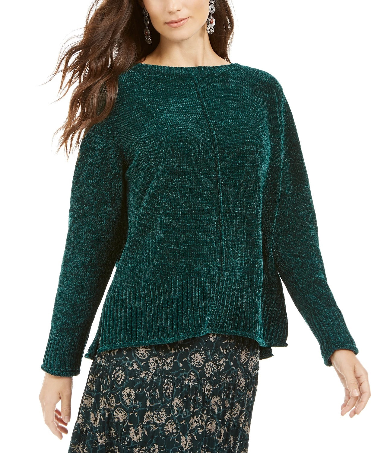 Suéter feminino texturizado canelado com manga 3/4 e gola redonda, tamanho pequeno, verde, estilo &amp; co