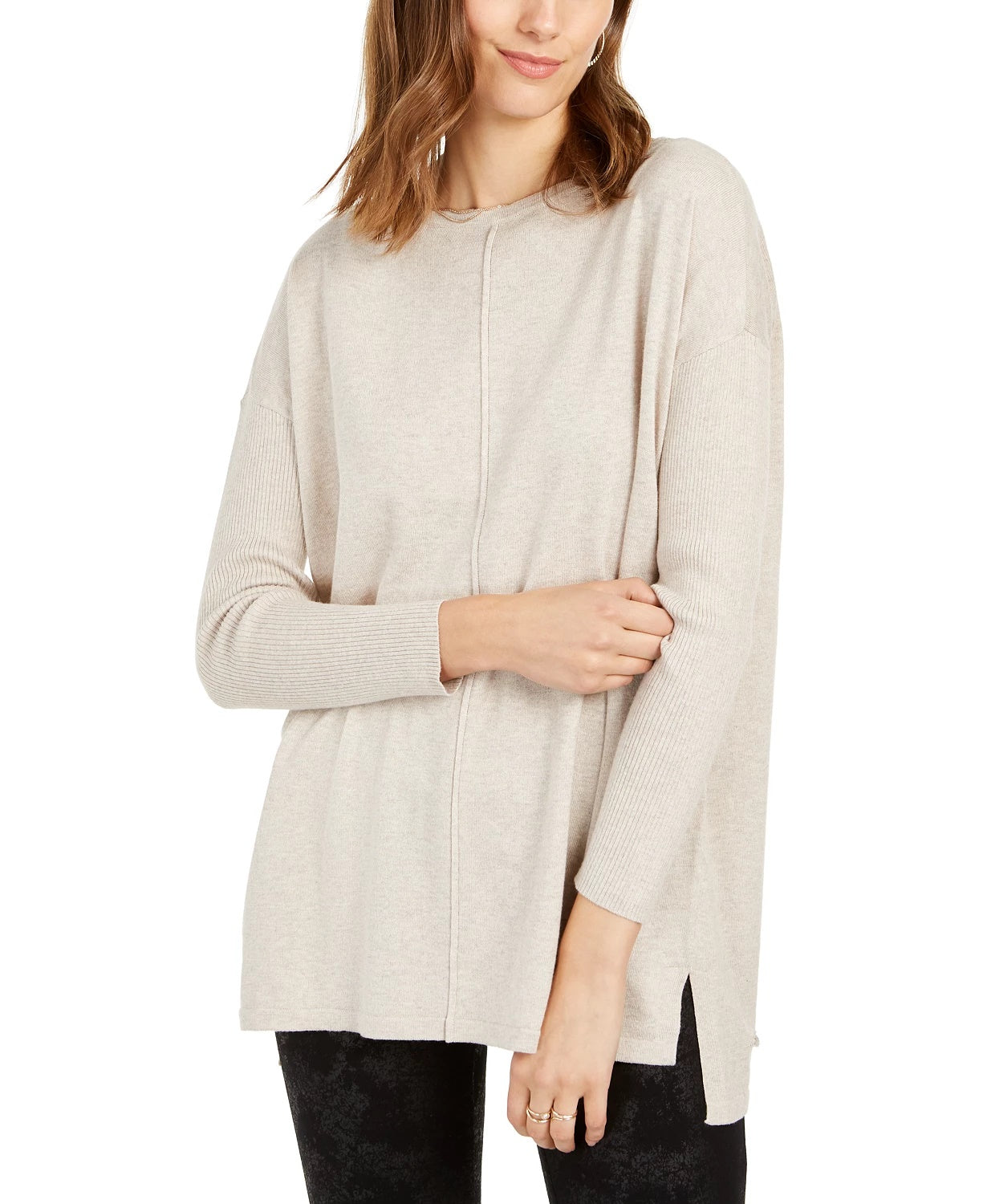 Suéter túnica feminino estilo &amp; co com costura frontal cáqui tamanho pequeno