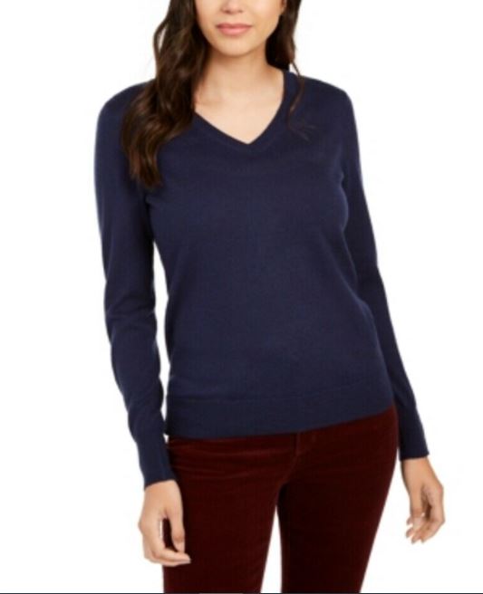 Suéter feminino de lã merino com punho de botão e gola V, azul, tamanho grande