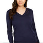 Suéter feminino de lã merino com punho de botão e gola V, azul, tamanho grande