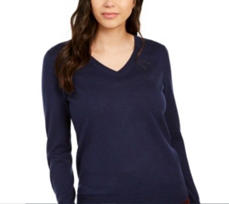 Suéter feminino de lã merino com punho de botão e gola V, azul, tamanho grande