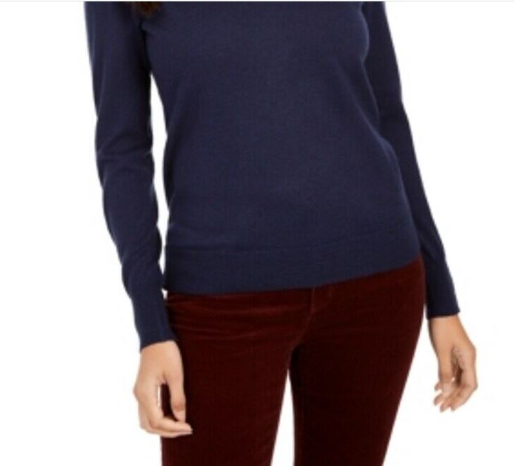 Suéter feminino de lã merino com punho de botão e gola V, azul, tamanho grande