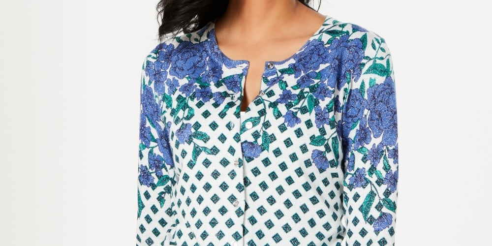 Cardigan feminino com estampa floral brilhante Charter Club cinza tamanho grande