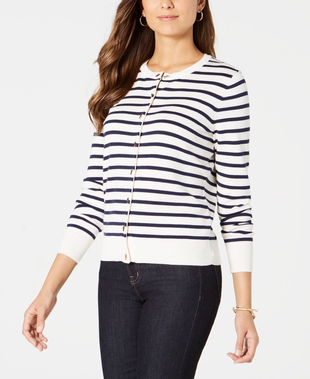 Cardigan feminino listrado com fecho de alavanca Charter Club, tamanho pequeno, branco
