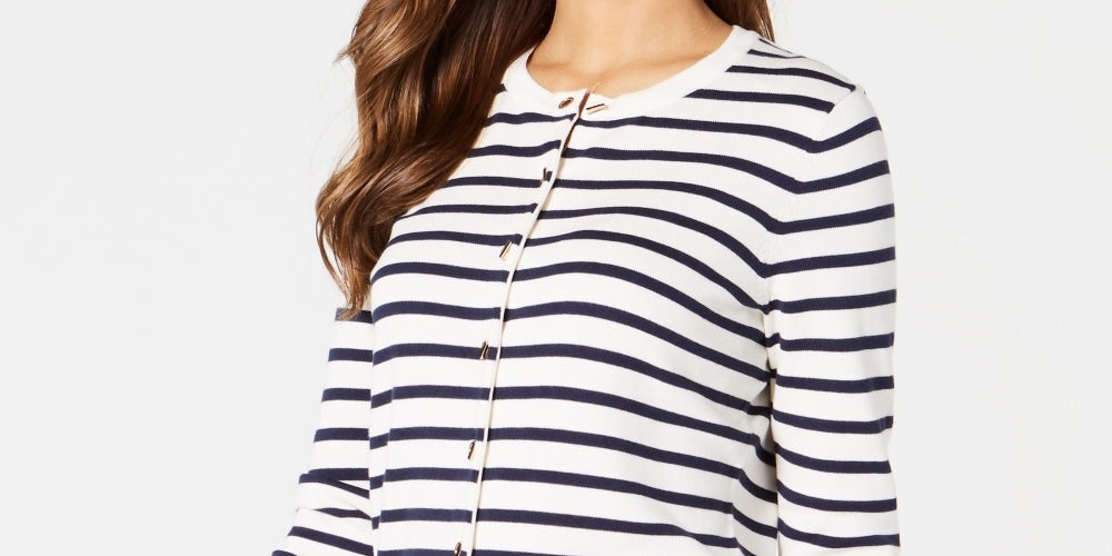 Cardigan feminino listrado com fecho de alavanca Charter Club, tamanho pequeno, branco