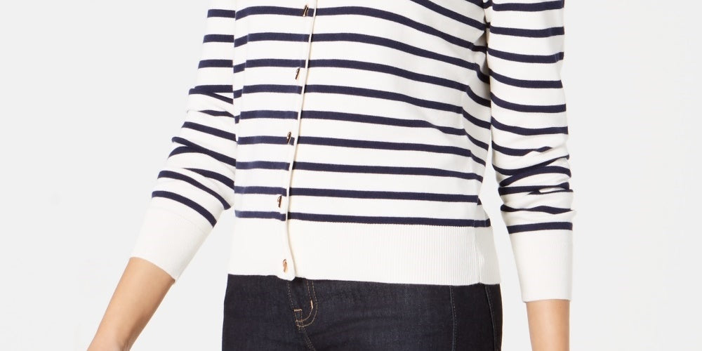 Cardigan feminino listrado com fecho de alavanca Charter Club, tamanho pequeno, branco