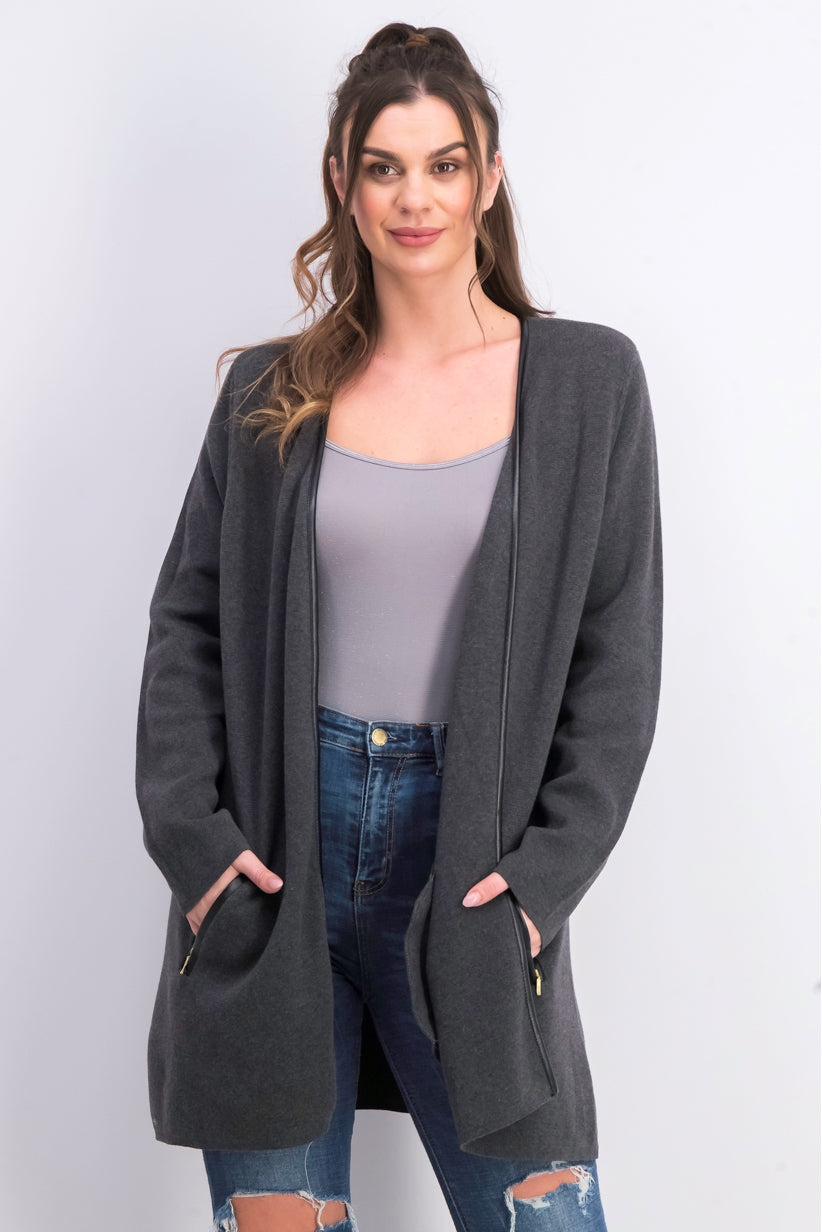 Cardigan feminino Charter Club Milano Cotton com abertura frontal, cinza, tamanho extragrande