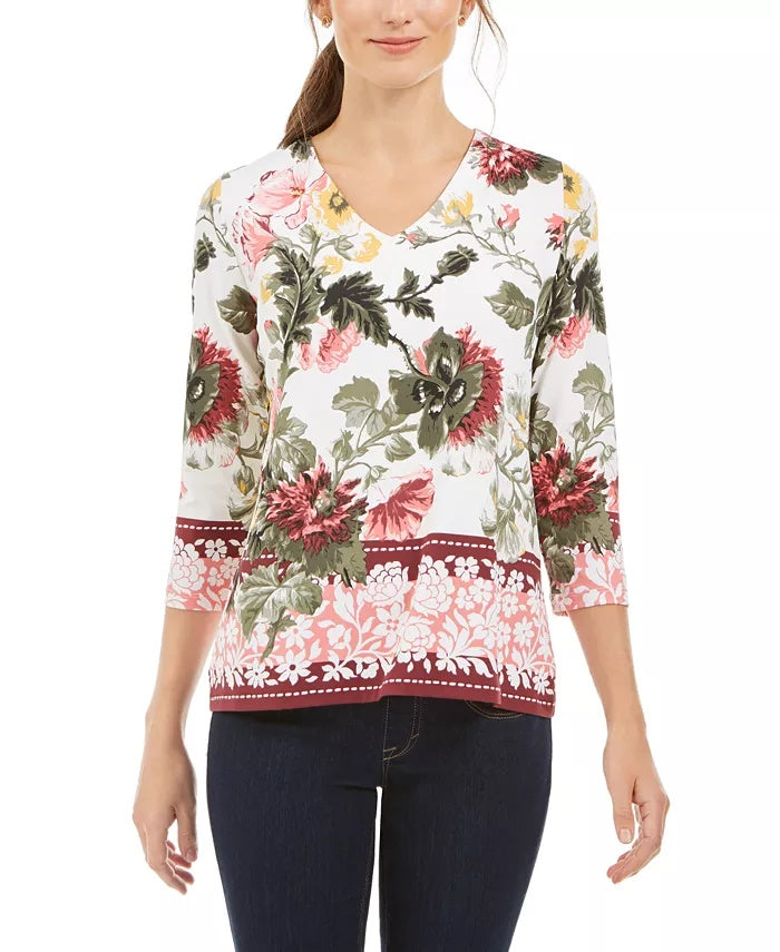 Charter Club Feminino Estampado Garden Gola V Top Branco Tamanho XX-Grande