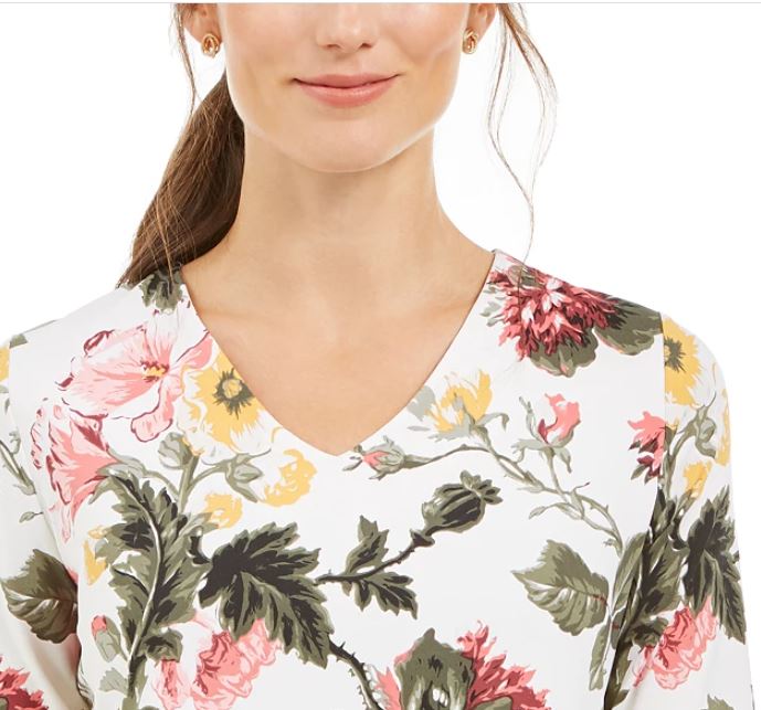 Charter Club Feminino Estampado Garden Gola V Top Branco Tamanho XX-Grande