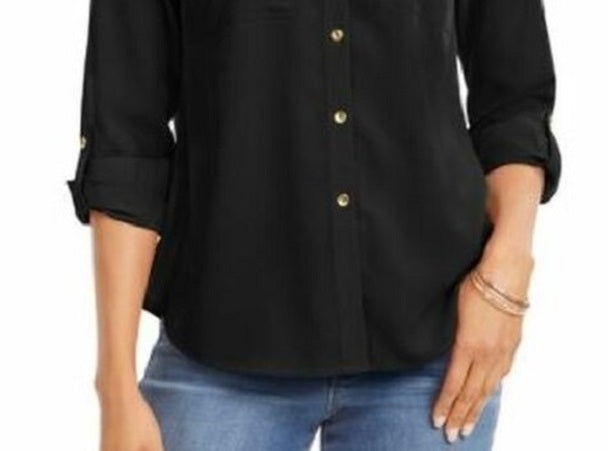 Camisa feminina Charter Club com dois bolsos, preta, tamanho extragrande