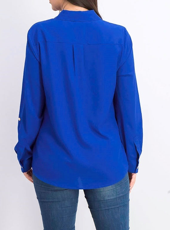 Camisa feminina Charter Club com dois bolsos, azul, tamanho médio