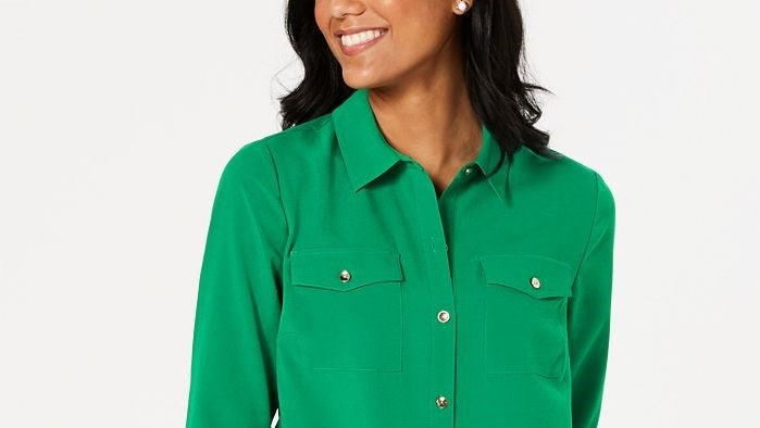 Camisa feminina Charter Club com dois bolsos, verde, tamanho grande