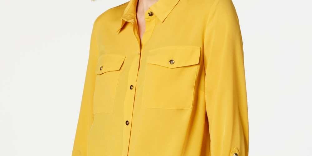 Camisa feminina Charter Club com dois bolsos, dourada, tamanho grande