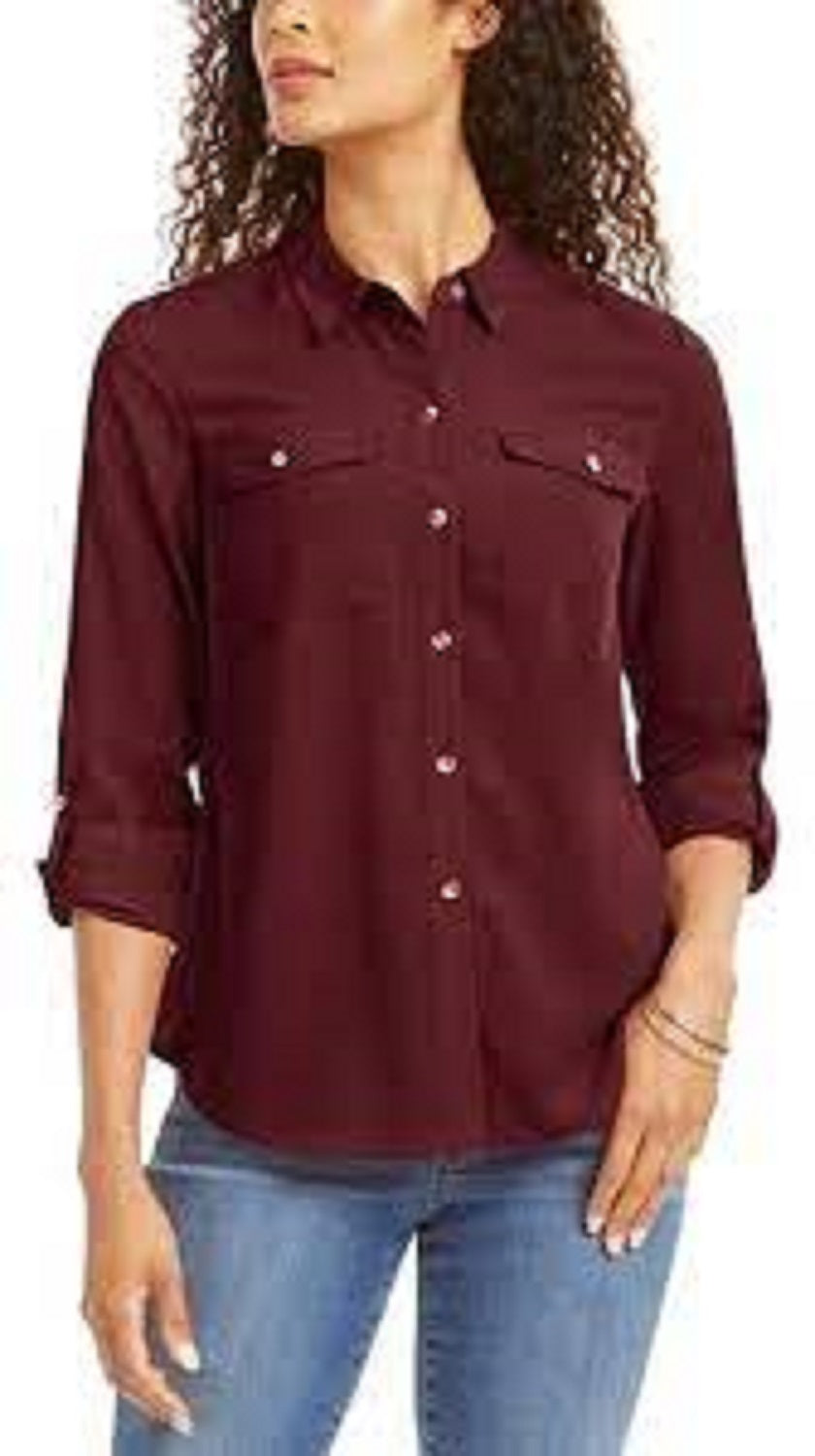 Camisa feminina pequena e lisa com botões Charter Club, tamanho vinho, médio