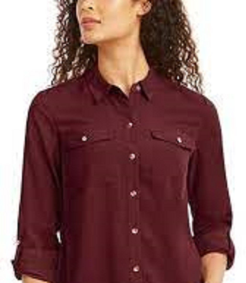 Camisa feminina pequena e lisa com botões Charter Club, tamanho vinho, médio