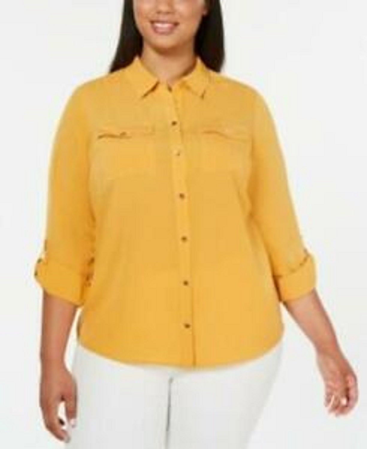 Camisa feminina plus size com botões frontais Charter Club, dourada, tamanho 2X