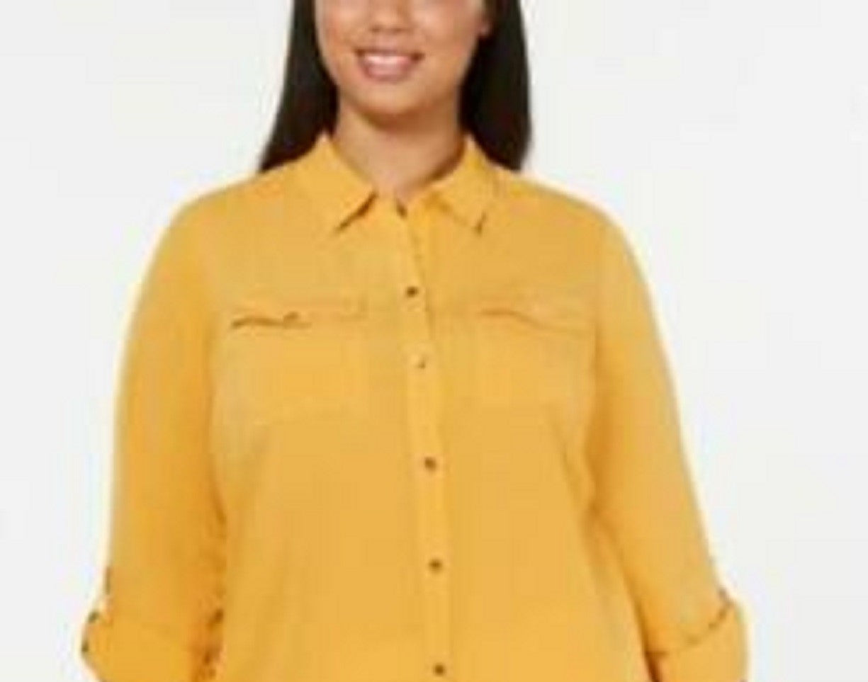 Camisa feminina plus size com botões frontais Charter Club, dourada, tamanho 2X