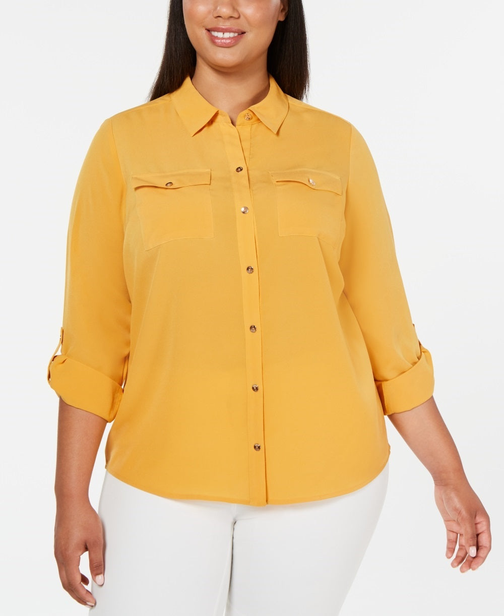 Camisa feminina Charter Club Plus com botões frontais, dourada, tamanho 4X