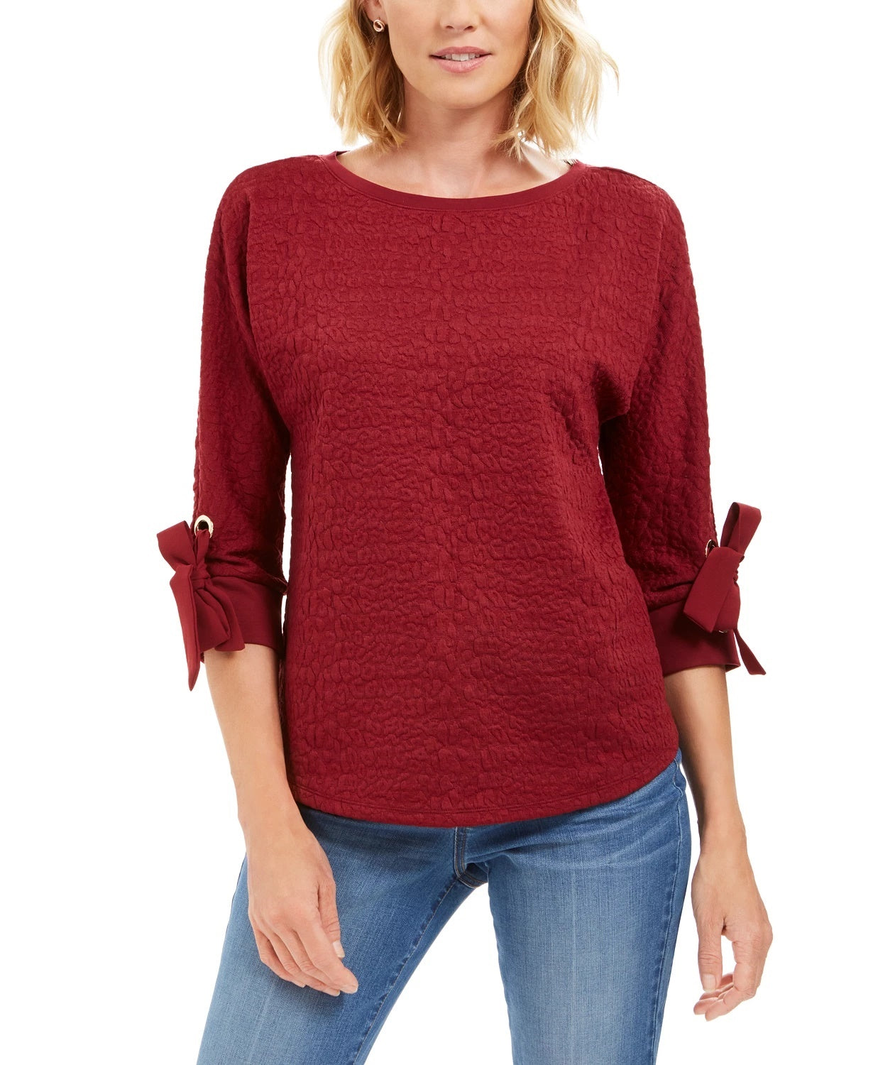 Charter Club Top texturizado com punho e gravata feminino, tamanho médio, vinho