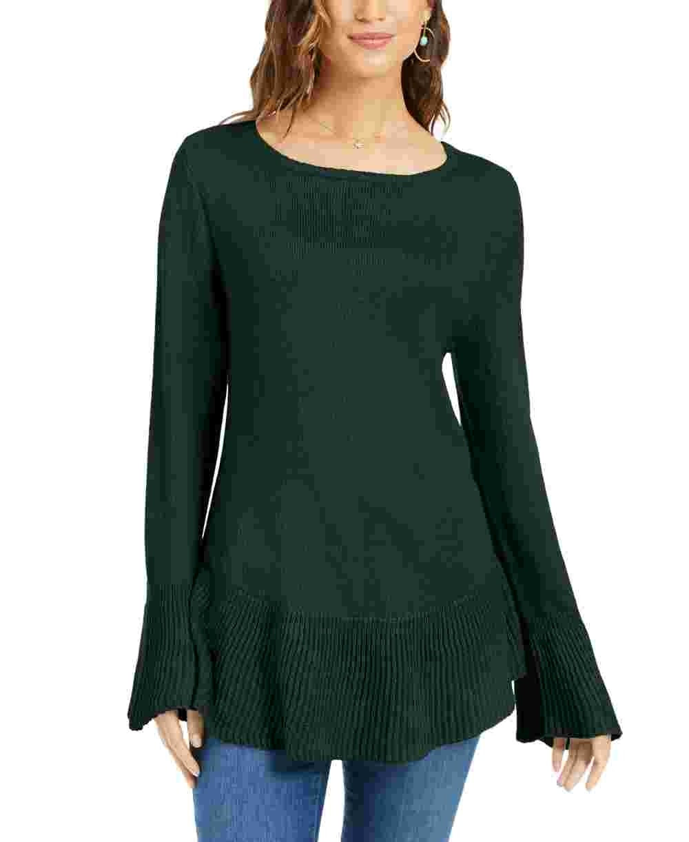 Suéter de malha com babados e bainha plissada feminino Style &amp; Co, verde, tamanho pequeno