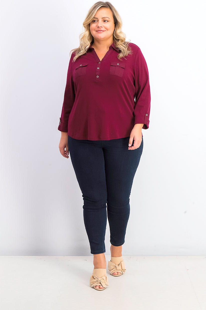 Polo Karen Scott Plus Size de Algodão Manga 3/4 Feminina Vermelha Tamanho 2X
