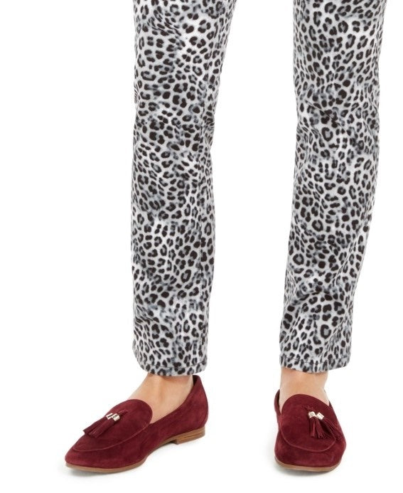 Calça jeans feminina Lexington com estampa animal, perna reta, branca, tamanho 8