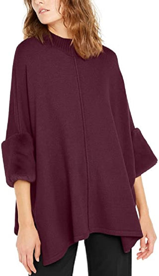 Poncho Alfani Feminino com Punho de Pele Sintética Vermelho Escuro Tamanho Grande