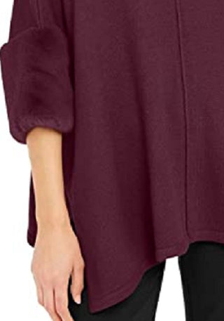 Poncho Alfani Feminino com Punho de Pele Sintética Vermelho Escuro Tamanho Grande