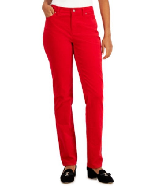 Calça jeans feminina Charter Club Lexington Velveteen com controle de barriga, perna reta, vermelha, tamanho 4