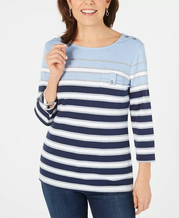 Karen Scott Sport Top Listrado Feminino Manga 3/4 Azul Tamanho Médio