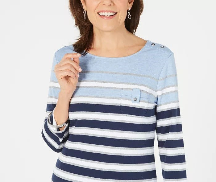 Karen Scott Sport Top Listrado Feminino Manga 3/4 Azul Tamanho Médio