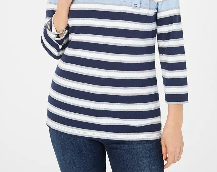 Karen Scott Sport Top Listrado Feminino Manga 3/4 Azul Tamanho Médio