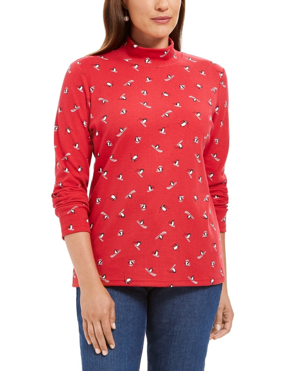 Karen Scott Feminino Esqui Pinguins Estampado Mock Neck Top Vermelho Tamanho X-S