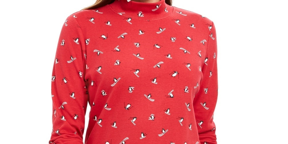 Karen Scott Feminino Esqui Pinguins Estampado Mock Neck Top Vermelho Tamanho X-S