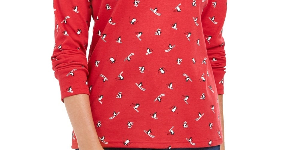 Karen Scott Feminino Esqui Pinguins Estampado Mock Neck Top Vermelho Tamanho X-S