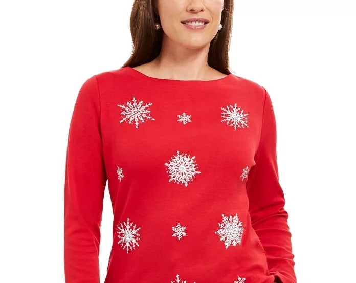 Blusa feminina Karen Scott com floco de neve e detalhes em vermelho brilhante, tamanho médio
