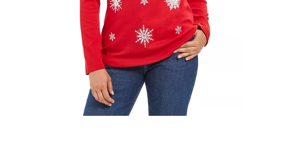 Blusa feminina Karen Scott com floco de neve e detalhes em vermelho brilhante, tamanho médio