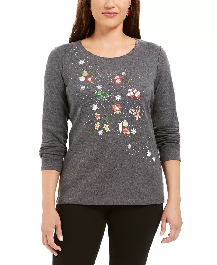 Blusa feminina Karen Scott de algodão com estampa de glitter, cor carvão, tamanho médio