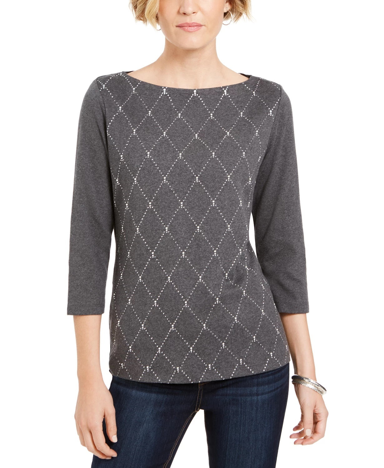 Karen Scott Blusa feminina com decote em V e manga 3/4, preta, tamanho XS
