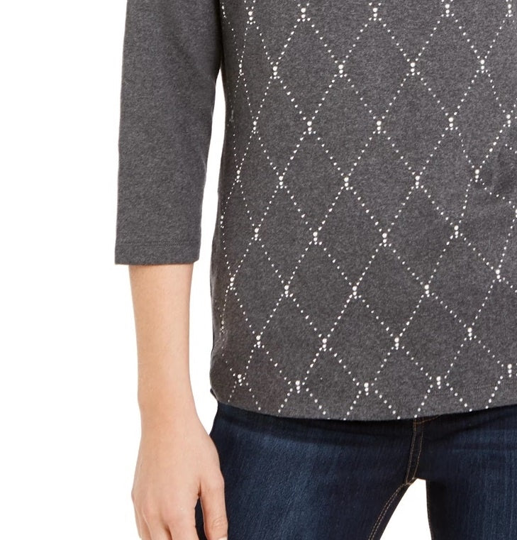 Karen Scott Blusa feminina com decote em V e manga 3/4, preta, tamanho XS