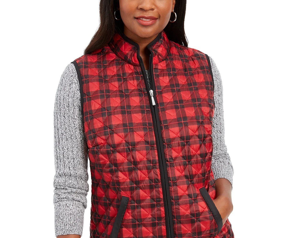 Colete esportivo feminino Karen Scott xadrez puffer vermelho brilhante tamanho XS
