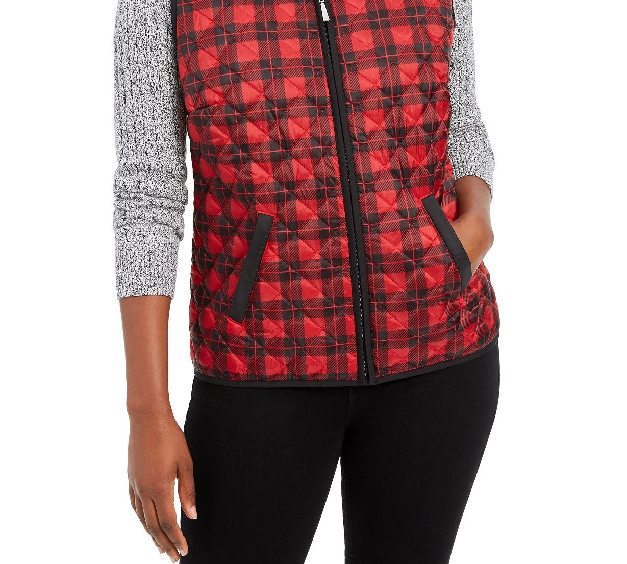 Colete esportivo feminino Karen Scott xadrez puffer vermelho brilhante tamanho XS
