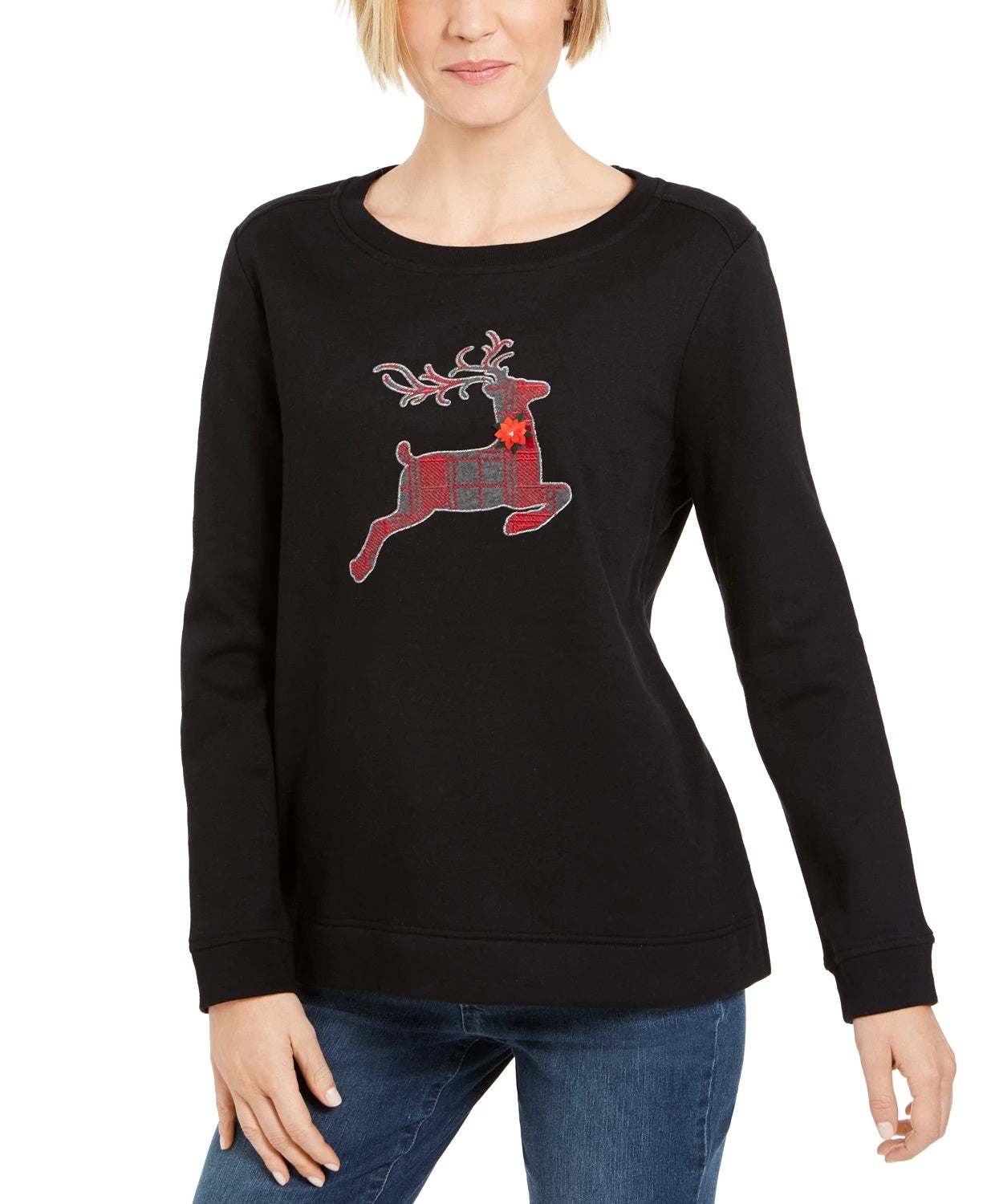 Camiseta feminina Karen Scott preta estampada, manga comprida, gola redonda, tamanho médio