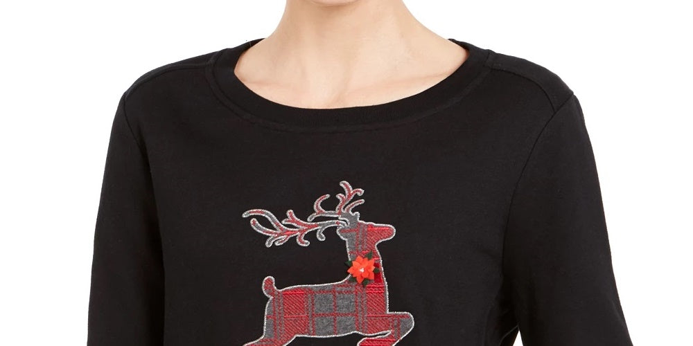 Camiseta feminina Karen Scott preta estampada, manga comprida, gola redonda, tamanho médio