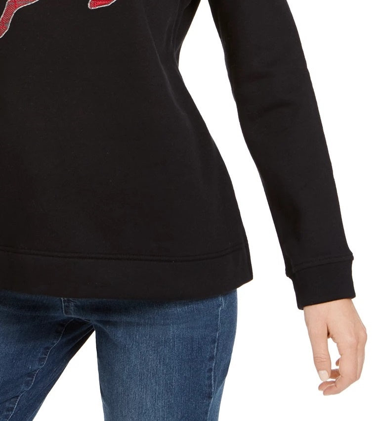 Camiseta feminina Karen Scott preta estampada, manga comprida, gola redonda, tamanho médio