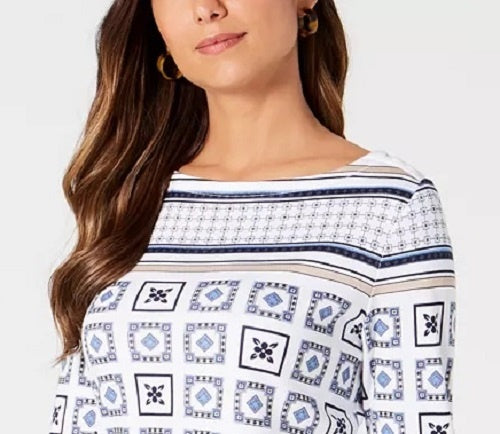 Charter Club Blusa feminina estampada manga 3/4 branca tamanho pequeno pequeno