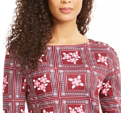 Charter Club Blusa de algodão estampada feminina, manga 3/4, vermelha, tamanho pequeno